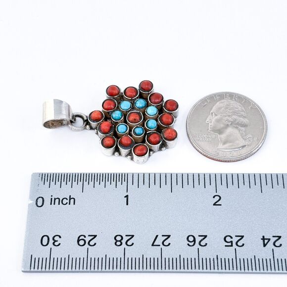 Vintage Sterling Silver 925 4cm Turquoise Coral Cluster Pendant - Picture 7 of 7